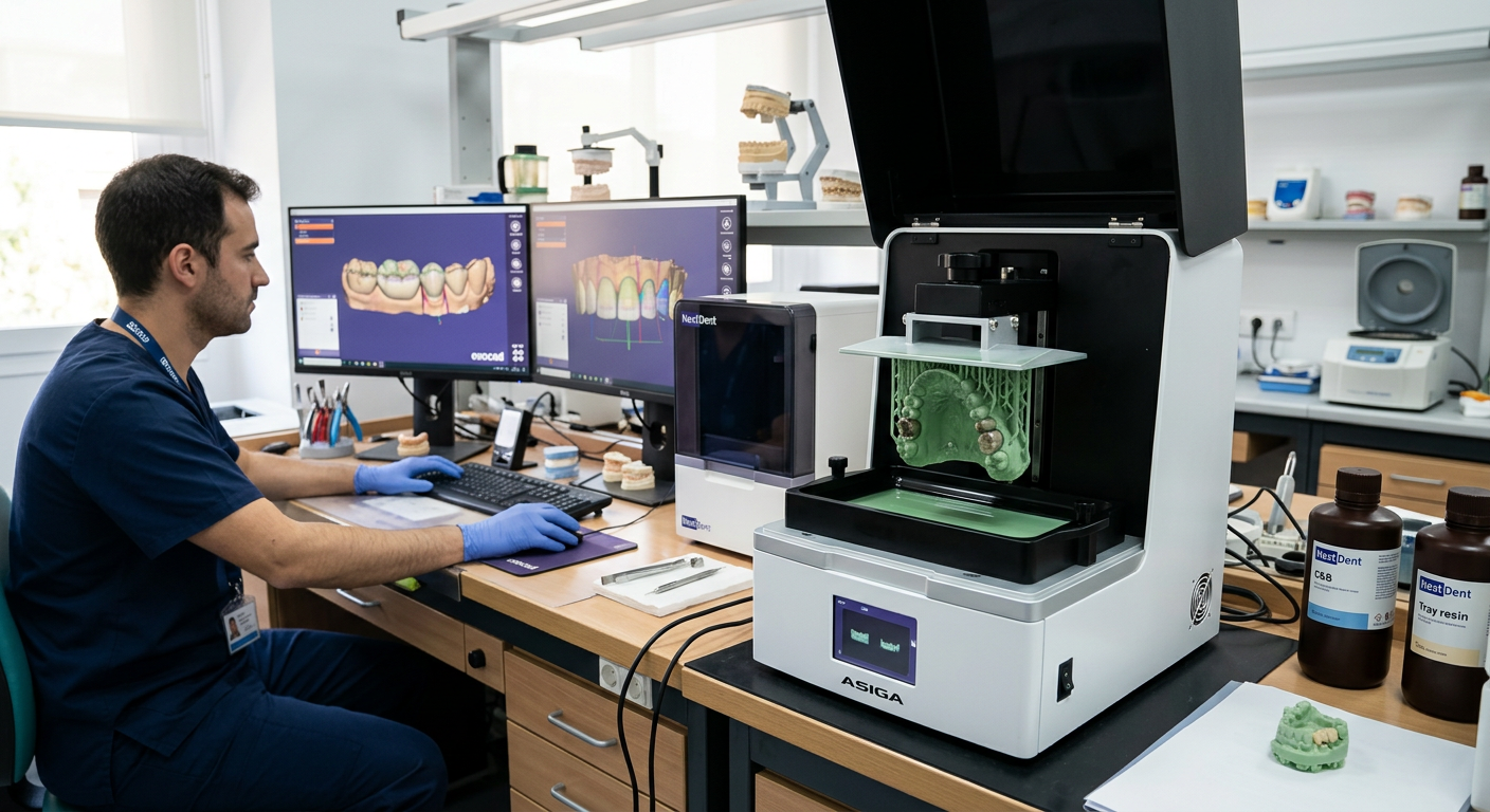 Mejores impresoras 3D dentales - A modern dental lab with a 3D printer in operation, showing a detailed dental model on the build plate. The background f