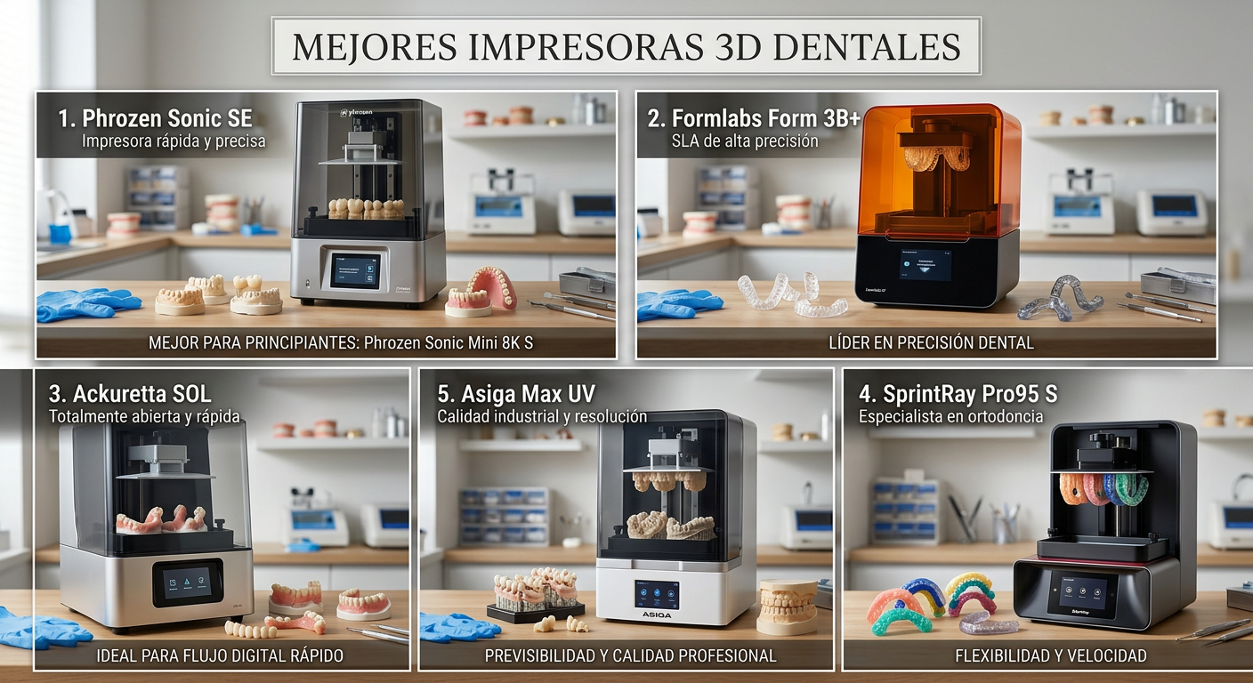 Mejores impresoras 3D dentales - A clean, professional collage showcasing the top 5 featured 3D dental printers. Each printer is shown with its name and