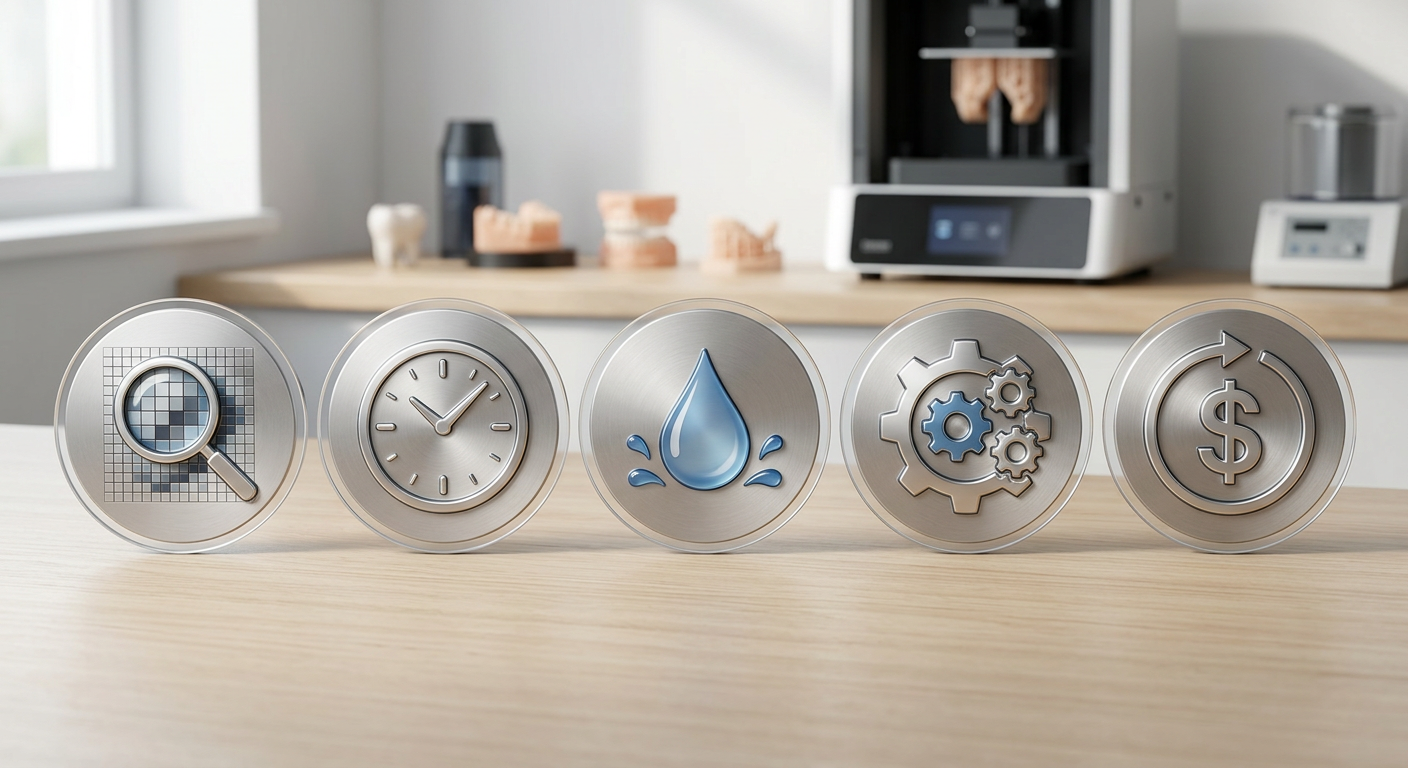 Mejores impresoras 3D dentales - An infographic-style image detailing the key factors to consider when buying a dental 3D printer: a magnifying glass ove