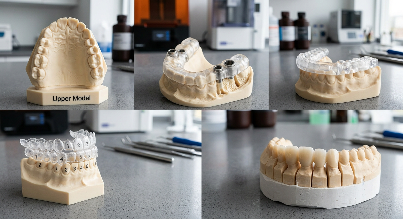 Mejores impresoras 3D dentales - A montage of various 3D printed dental applications: a highly detailed dental model, a clear surgical guide placed on a