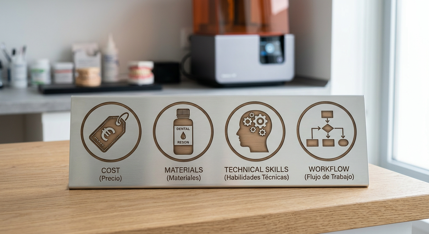Mejores impresoras 3D dentales - A simple and clean graphic with four icons representing the FAQ topics: a price tag (cost), a resin bottle (materials),