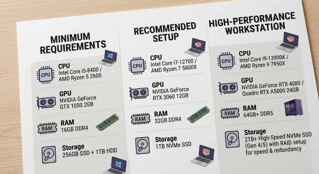 Mejores ordenadores para exocad - Infographic comparing three columns of computer specifications: 'Minimum Requirements', 'Recommended Setup', and 'High-P
