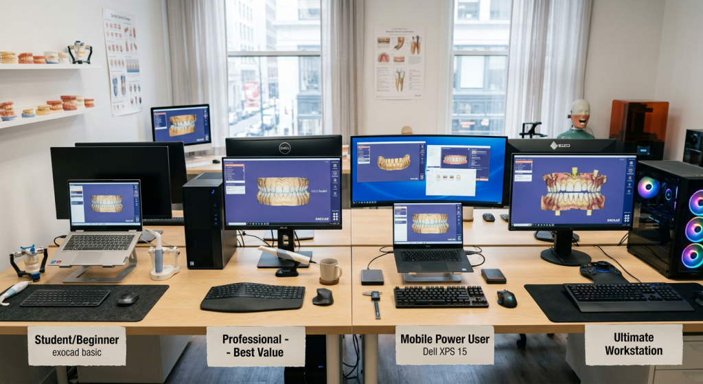 Mejores ordenadores para exocad - Four distinct computer setups (desktop and laptop) arranged side-by-side, each labeled with its user profile: 'Student/B