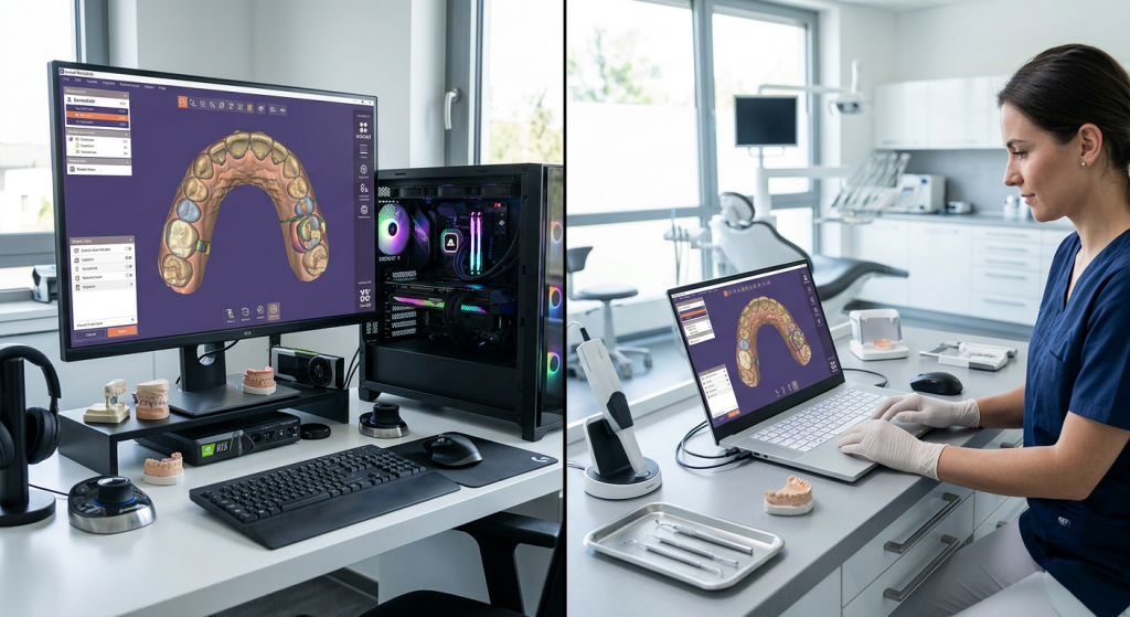 Mejores ordenadores para exocad - A split-screen image. On the left, a powerful, custom-built desktop workstation with a large monitor. On the right, a sl