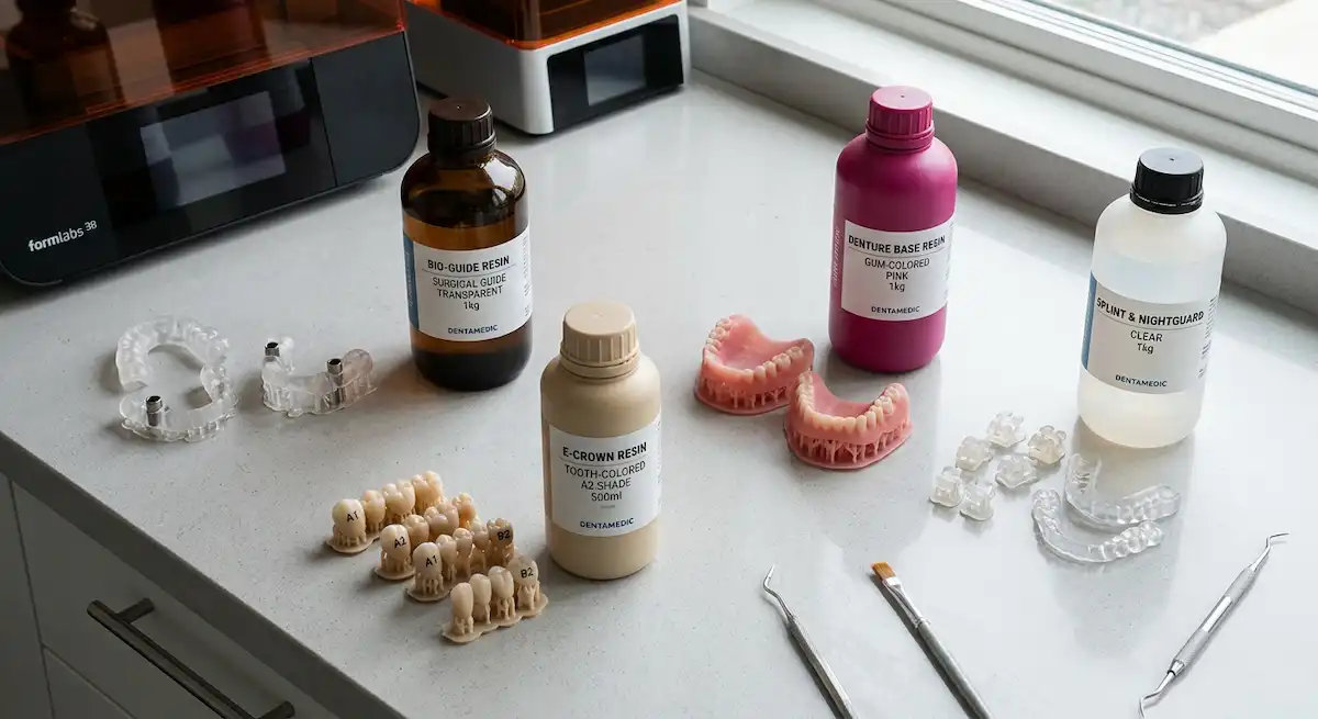 Mejores resinas dentales biocompatibles para impresión 3D - A visually organized flat lay of different 3D printed dental applications in various colors (translucent for surgical gu