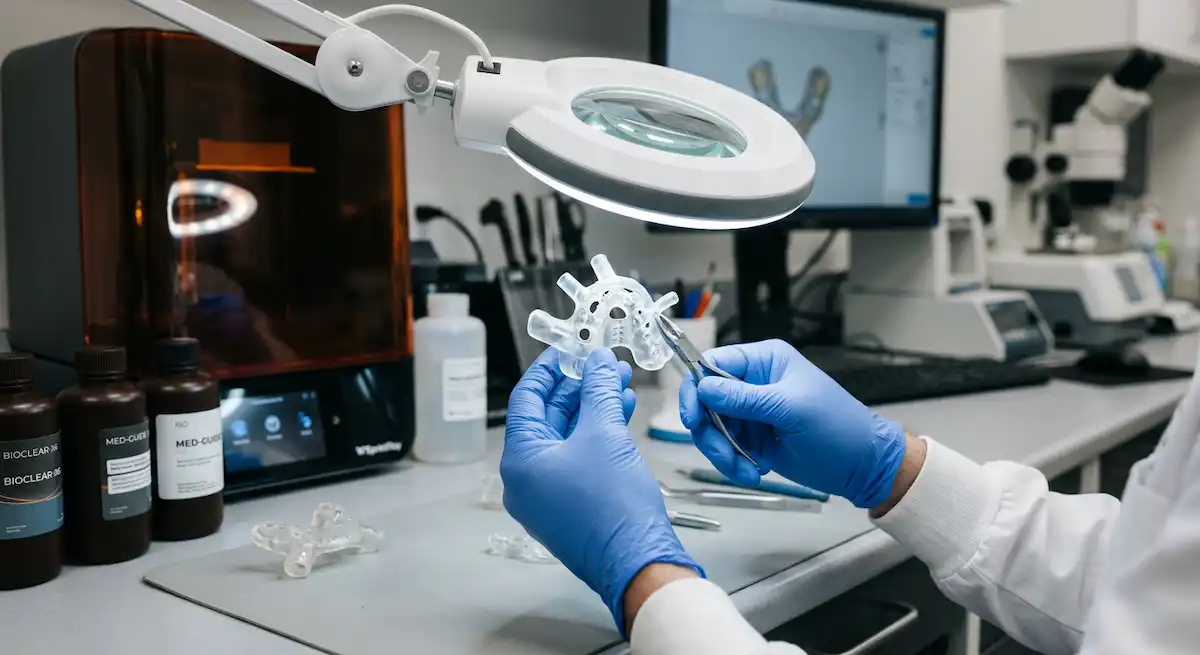 Mejores resinas dentales biocompatibles para impresión 3D - A close-up shot of a dental technician's hands, wearing gloves, carefully inspecting a newly 3D printed translucent surg