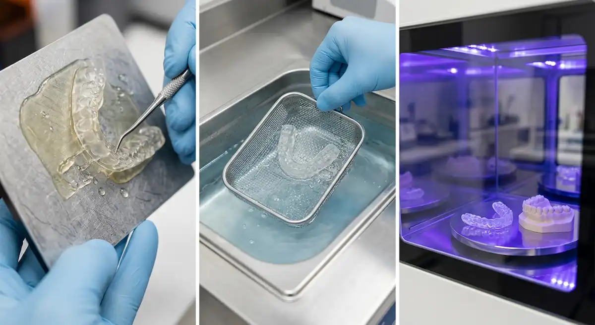 Mejores resinas dentales biocompatibles para impresión 3D - A step-by-step visual guide showing the post-processing workflow: 1. A 3D printed dental piece being removed from the bu