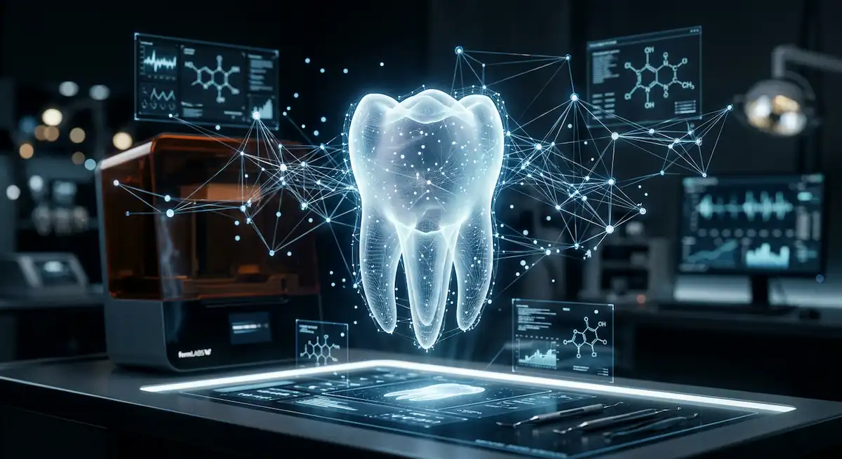 Mejores resinas dentales biocompatibles para impresión 3D - A futuristic, conceptual image showing a glowing, translucent 3D model of a tooth with interconnected data points, symbo