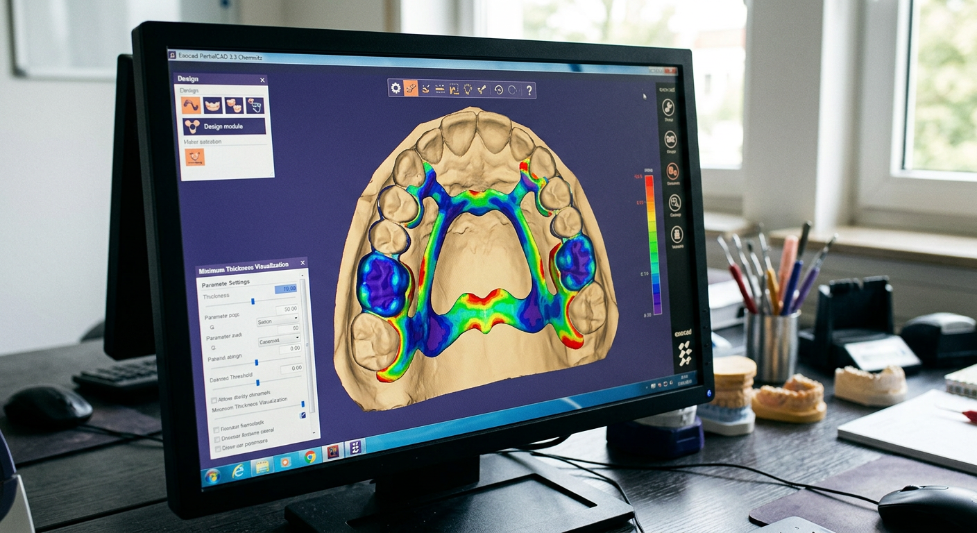 Novedades de Exocad Chemnitz - Close-up of a complex partial denture design on the PartialCAD 3.3 Chemnitz software, highlighting the minimum thickness